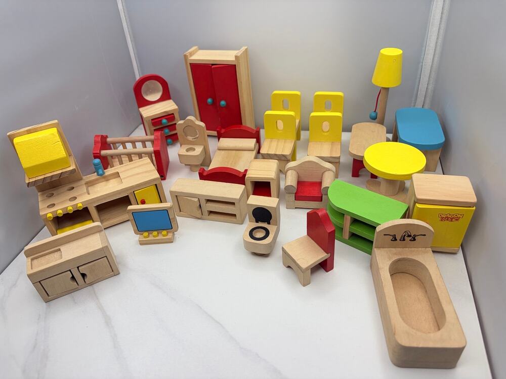 Vintage Style Wooden Dollhouse Furniture Mixed Lot Waldorf Montessori Play Toys